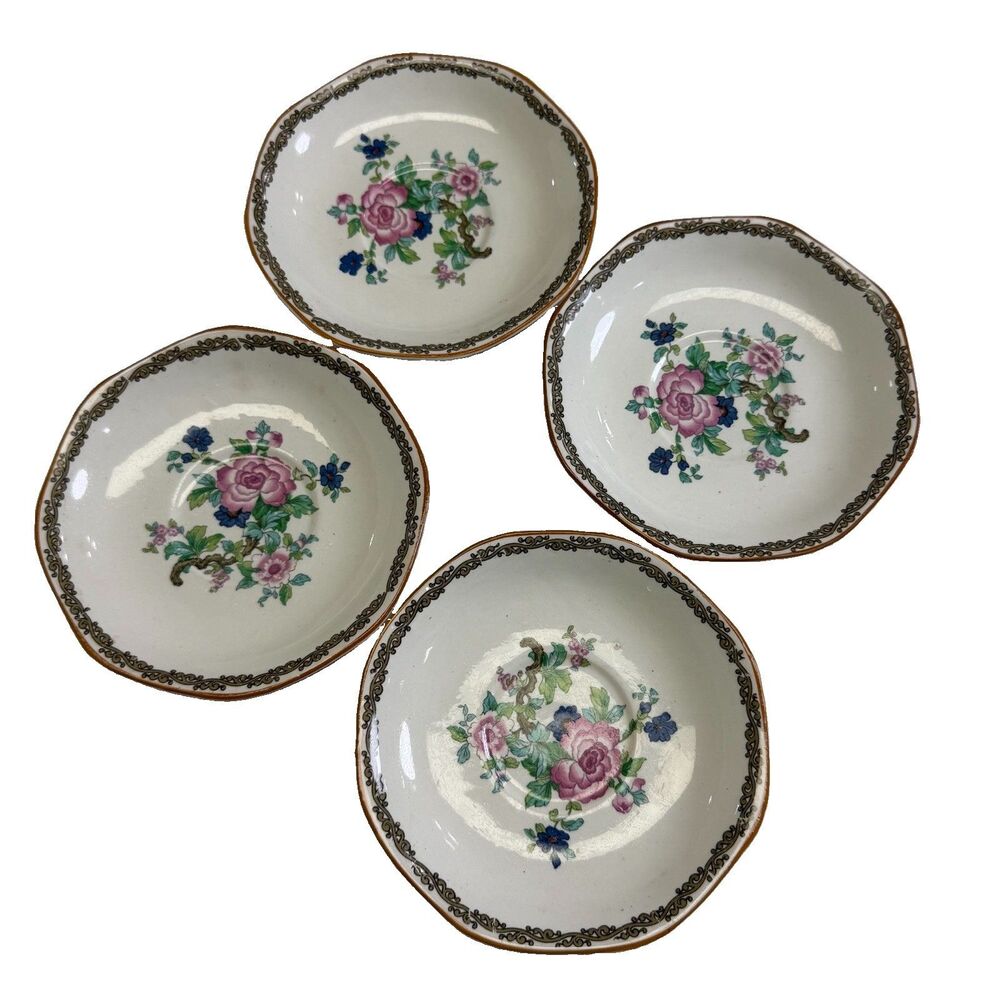 4 Vintage Booths Silicon China Ceylon Ivory Made in England Indian Tree Saucers